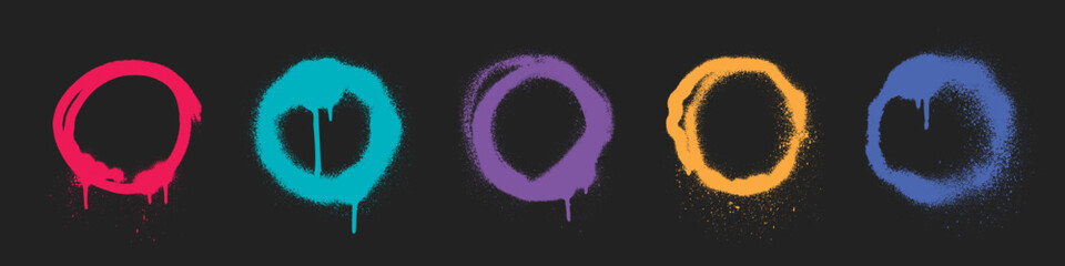 Poster - Color spray paint circles set isolated on black background. Vector realistic illustration of round neon signs with ink splatter, grungy street art elements, circular frame, distressed graffiti on wall