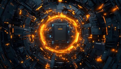 Poster - Circular circuit glowing center, dark tech