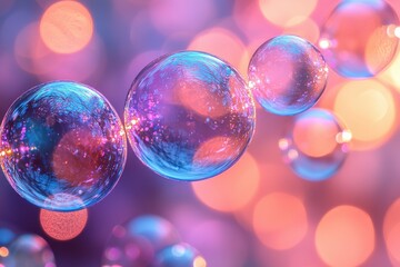 Poster - Colorful soap bubbles floating against a dreamy background filled with soft lights and vibrant hues
