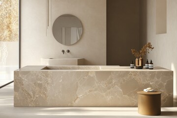 Aufkleber - Elegant modern bathroom design featuring a marble tub, natural light, and minimalistic decor for a serene ambiance