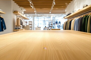 Poster - Stylish retail store interior featuring modern clothing displays and wooden table in a bright, organized setting