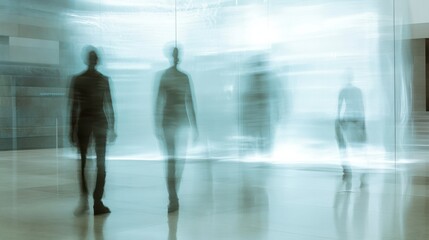 Poster - Figures moving through a translucent space in a modern urban environment at twilight