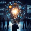© pjjaruwan - Group of business people observing a light bulb symbolizing innovative ideas and creativity in a modern corporate environment.