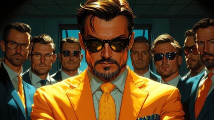 Poster - a businessman stands among his colleagues, dressed in formal attire