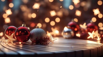 Fototapete - A modern 3D platform with Christmas ornaments and glowing stars, wrapped in elegant holiday colors.