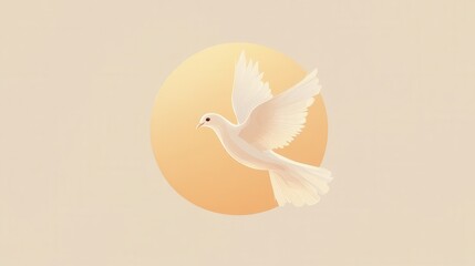 Aufkleber - Minimalist white dove flying against a glowing sun with soft golden hues in a calm, serene atmosphere