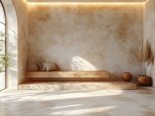 Poster - A cozy room with a wooden bench and a large window