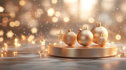 Poster - a sleek 3d podium with golden holiday ornaments and glowing star decorations, set against a soft win