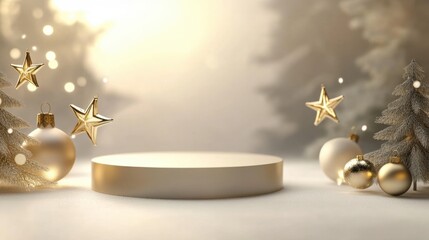 Poster - a sleek 3d podium with golden holiday ornaments and glowing star decorations, set against a soft win