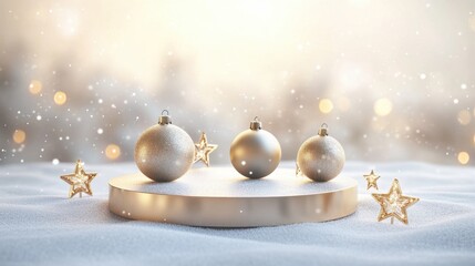 Poster - a sleek 3d podium with golden holiday ornaments and glowing star decorations, set against a soft win