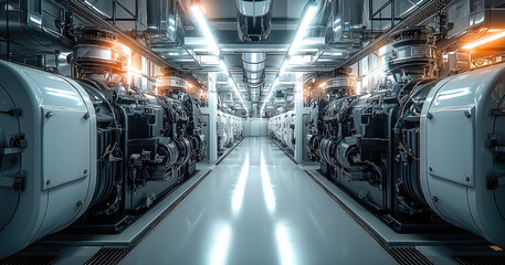 Aufkleber - Modern engine room with advanced machinery and bright lighting, showcasing industrial design and technology