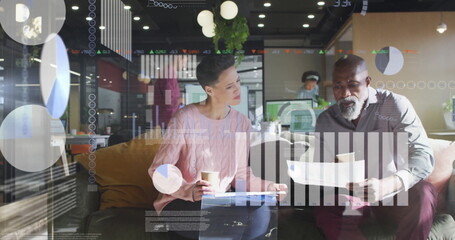 Poster - Image of financial data processing over diverse colleagues discussing work in office