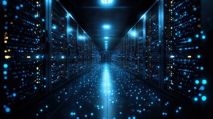 Poster - Extensive server room featuring rows of servers built for data management and high-volume processing