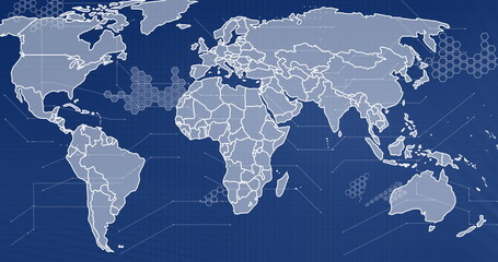 Poster - World map with hexagonal patterns, global network connections image