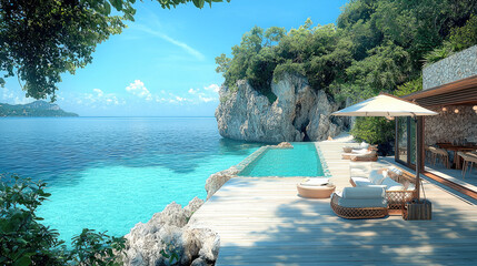 Poster - serene beachside view featuring luxurious pool, rocky cliffs, and clear blue waters, perfect for relaxation and tranquility