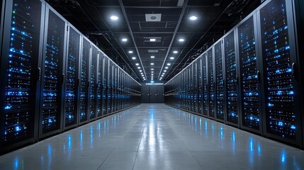 Poster - Advanced server room featuring multiple racks of servers and cooling systems for data management