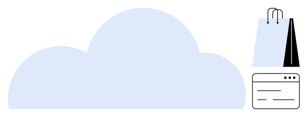 Cloud shape, shopping bags, and browser window symbolize e-commerce, data storage, and digital connectivity. Ideal for cloud computing, online retail, web development, technology digital marketing