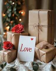 Poster - Gift boxes with red roses and love card create warm, festive atmosphere