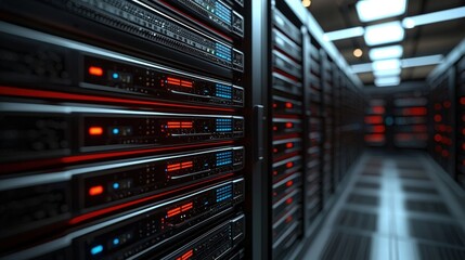 Poster - A server room with many servers organized in rows and connected with cables for optimal performance
