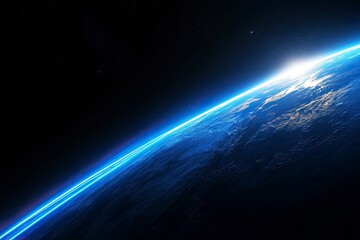 Poster - Blue glowing light beam on a black background with an earth shadow. Abstract blue gradient space background with a copy text area for design, banner, wallpaper, or poster. Stock photo, dark atmosphere