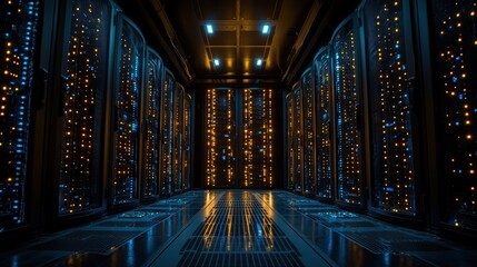 Poster - Modern server room filled with high-tech equipment and colorful lights creating a futuristic atmosphere