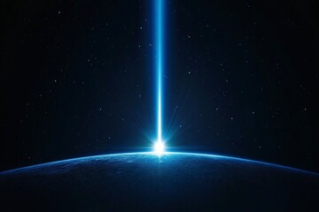Poster - Blue glowing light beam on a black background with an earth shadow. Abstract blue gradient space background with a copy text area for design, banner, wallpaper, or poster. Stock photo, dark atmosphere