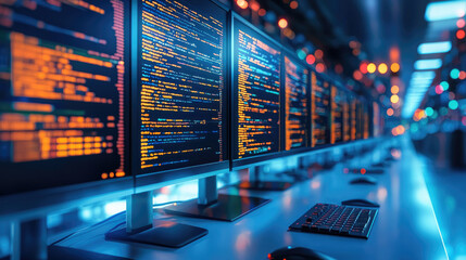 Aufkleber - High end workstation with multiple monitors displaying code and data