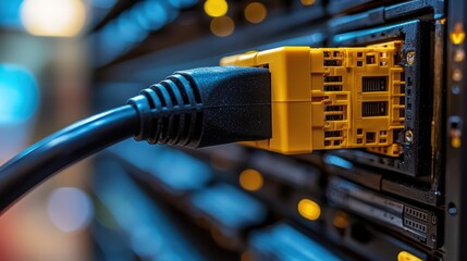 Poster - Bright yellow ethernet cable coiled neatly for optimal data transmission and network connectivity