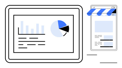 Tablet displaying analytics charts next to a mobile storefront interface with a striped awning. Ideal for business, marketing, analytics, e-commerce, retail strategies, technology, flat simple