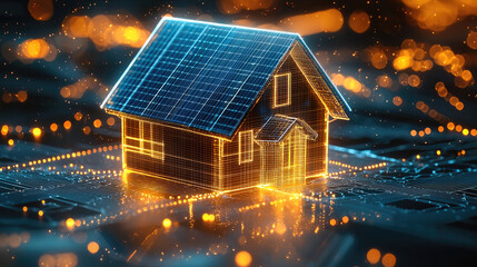 Aufkleber - futuristic house with solar panels, glowing lights, and digital circuit background creates vibrant atmosphere