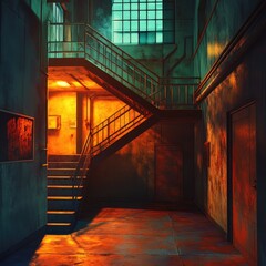 Poster - A stairway leading to a building with a clock on the wall, ideal for use in interior design or architecture projects