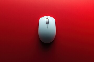 Fototapete - A white computer mouse rests on a vivid red background, highlighting its sleek design and modern aesthetic in a minimalist setting