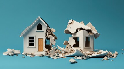 Poster - Broken ceramic house figurine reveals hidden memories in creative chaos Generative AI