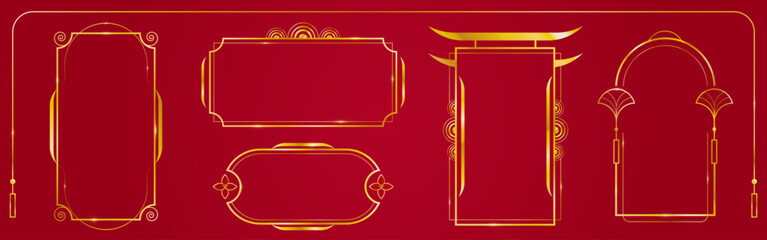 Poster - Japanese golden frames on red background. Elegant oriental border collection with pagoda roof shapes, spiral flourishes, flower motifs. Traditional Asian decorative elements for festival cards.