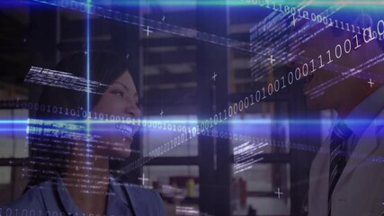 Poster - Binary code and digital data animation over people discussing in office