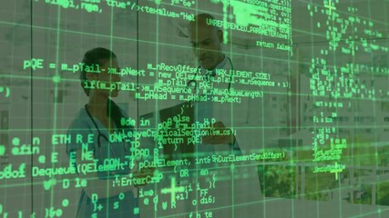 Poster - Discussing animation, two people behind green computer code overlay in office