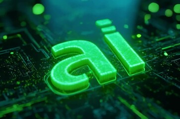 Poster - Glowing green AI text with a futuristic and digital aesthetic, illuminated in a dark setting. A banner design featuring advanced technology, artificial intelligence, data science, and innovation