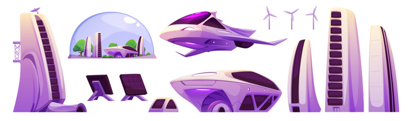 Poster - futuristic space station set - purple buildings, mars colony dome, flying ships, wind turbines, aero
