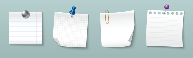 Poster - Paper stickers attached with pins and clips isolated on background. Vector realistic illustration of blank memo notes for office wall or detective board design, empty notebook page, reminder sheets