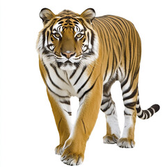 Wall Mural - tiger walking on white background, showcasing its majestic stripes