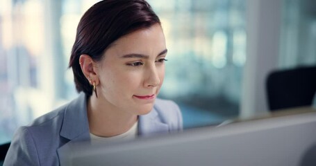 Poster - Thinking, research and woman with computer, business and online for copywriting in marketing agency and website. Office, digital and journalist with tech for article, reading and planning for project