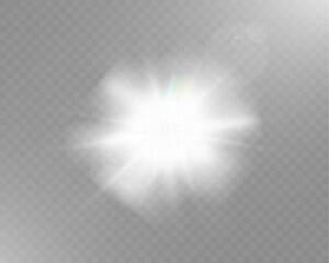 Wall Mural - bright white light explosion with lens flare, rainbow reflections, and sparkles on transparent backg