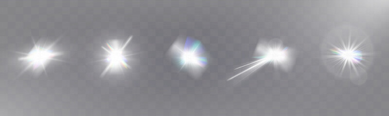 Wall Mural - set of glowing light effects with starbursts and radiating beams on a transparent background, ideal 