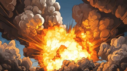 Poster - Vivid explosion bursts into bright yellow clouds against a blue sky Generative AI