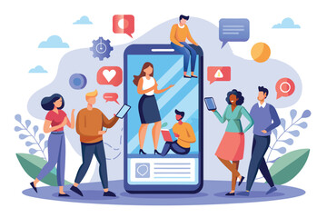 Poster - A group of individuals interacts with their smartphones, immersed in social media while surrounded by icons, People surfing on social media with smartphone