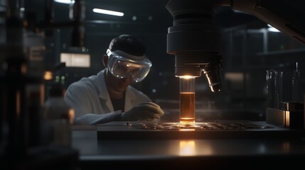 Poster - scientist examines liquid sample under microscope in a laboratory setting at night