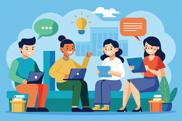 Poster - a group of four individuals is discussing ideas and sharing insights while using laptops and tablets