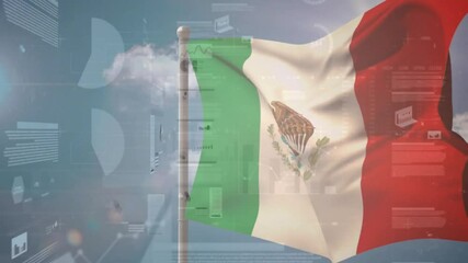 Poster - waving mexican flag with animation of data processing graphics in background
