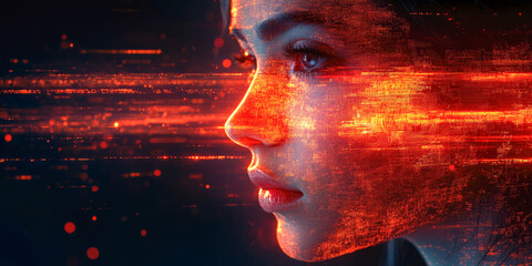 Poster - An abstract representation of a woman's face with vibrant fiery colors, representing emotion and digital transformation in a modern context.
