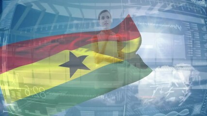 Poster - waving ghana flag over digital animation with thoughtful person in background